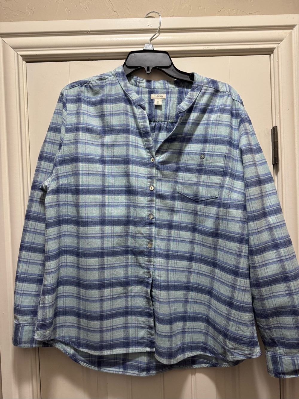 L.L. Bean Blue and Navy Plaid Collarless Button-Down Shirt Cabincore